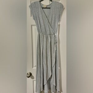 Sleeveless Stripe Wrap Maxi Dress in Light Blue and White